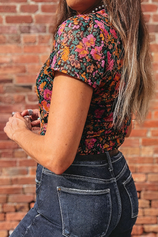 Rose Retro Floral Printed Mesh Short Sleeve Top - Snoopy's Closet