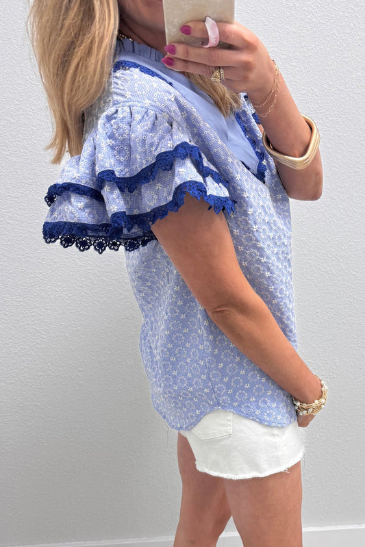 Beau Blue Eyelet Embroidered Flower Texture Contrast Lace Trim Flutter Sleeve Blouse - Snoopy's Closet