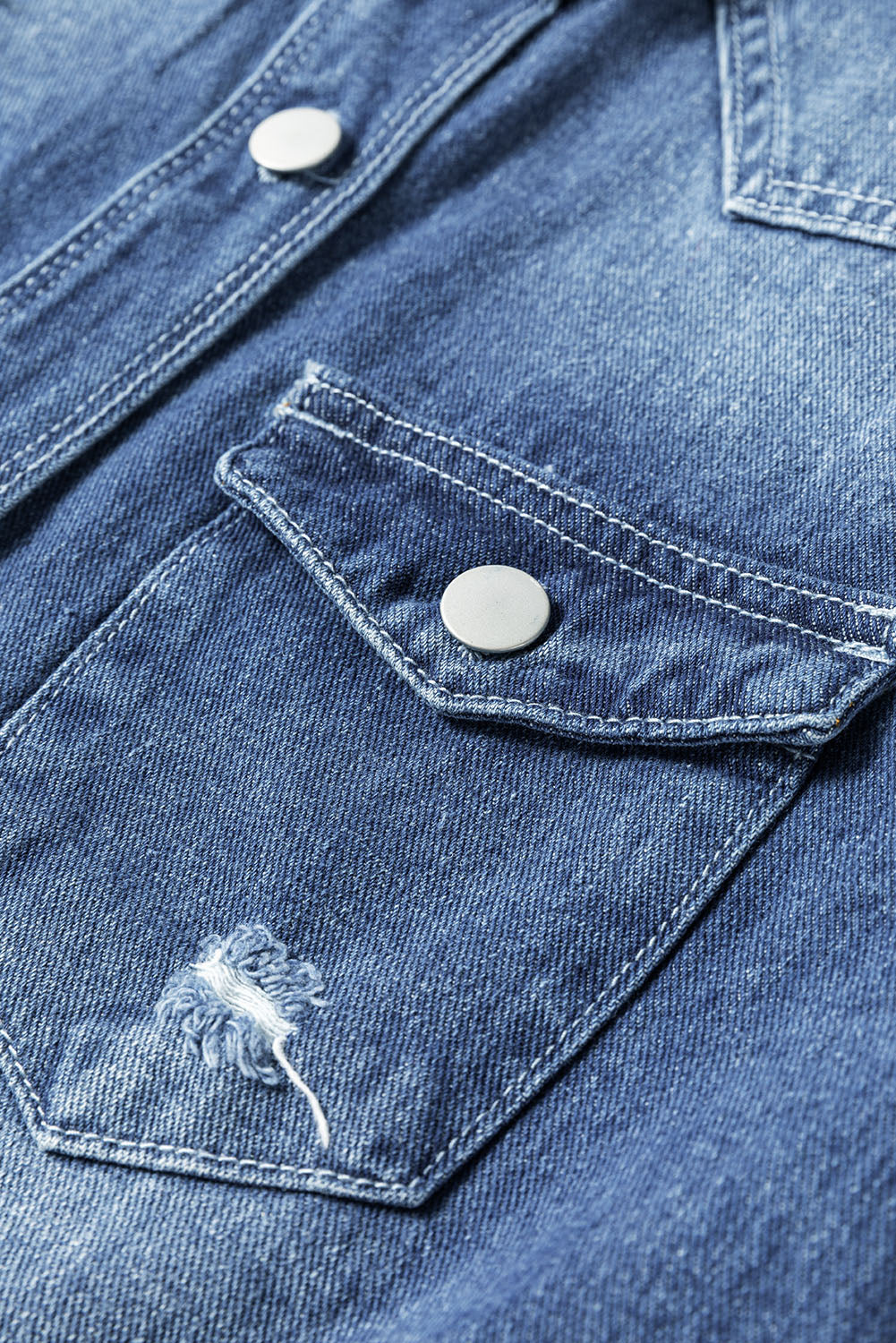 Chaqueta Larga Vaquera Azul Cielo Lavado Claro Desgastada con Flecos
