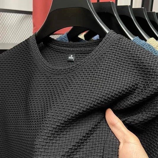 Camiseta de verano de seda helada para hombre, elástica, de malla, cuello redondo, manga media, camiseta base transpirable y cómoda de manga corta