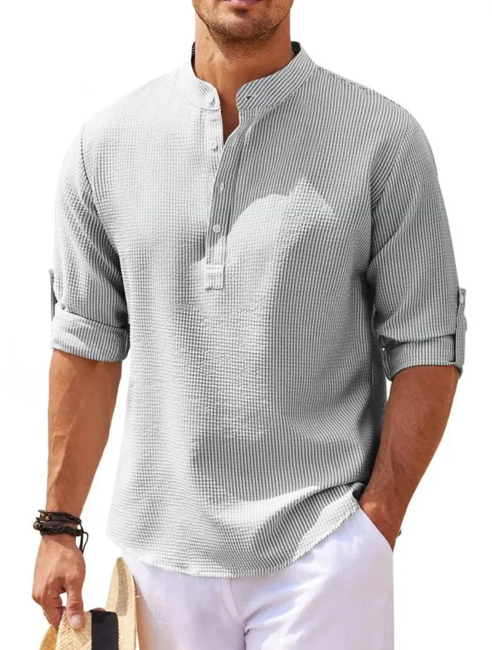 Spring Summer Men's Cotton Linen Polo Shirts Casual Long Sleeve Lightweight Henley Neck Solid Color Tops Beach Shirts Fashion