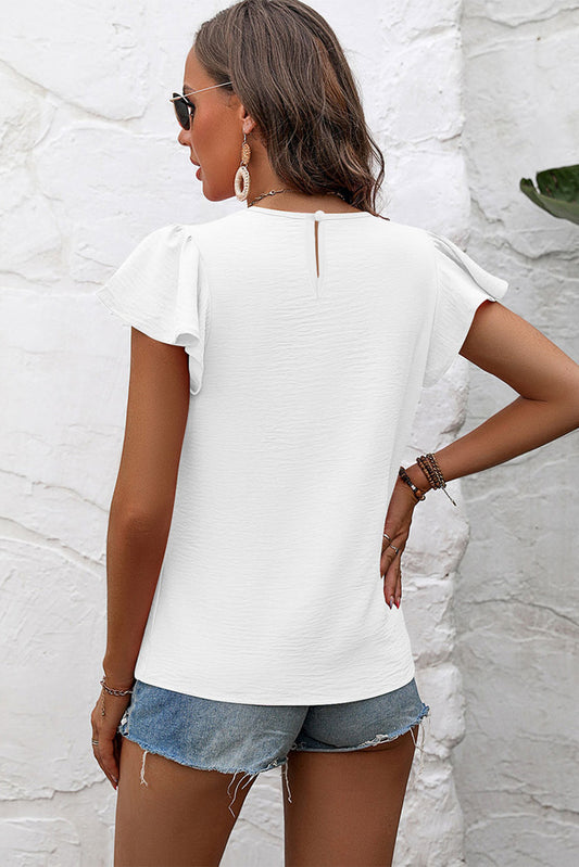 White Flounce Sleeve Pleated Textured Blouse - Snoopy's Closet