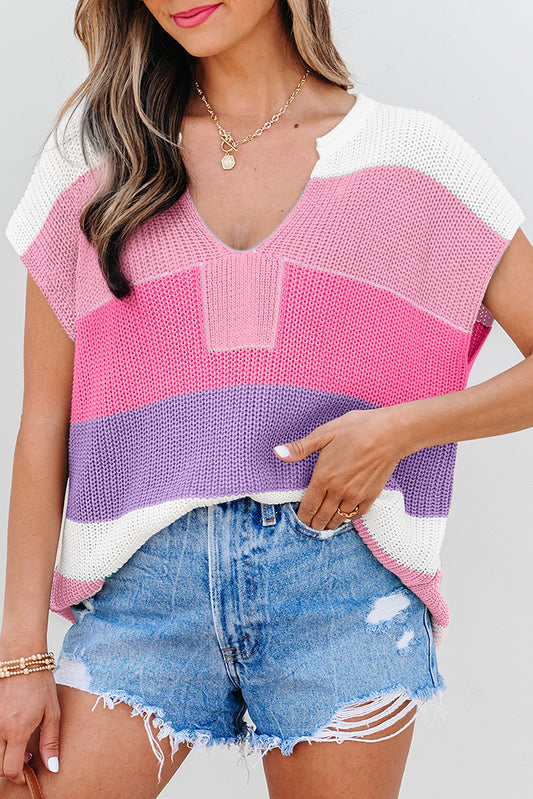 Camiseta de punto con cuello de pico y bloques de color rosa