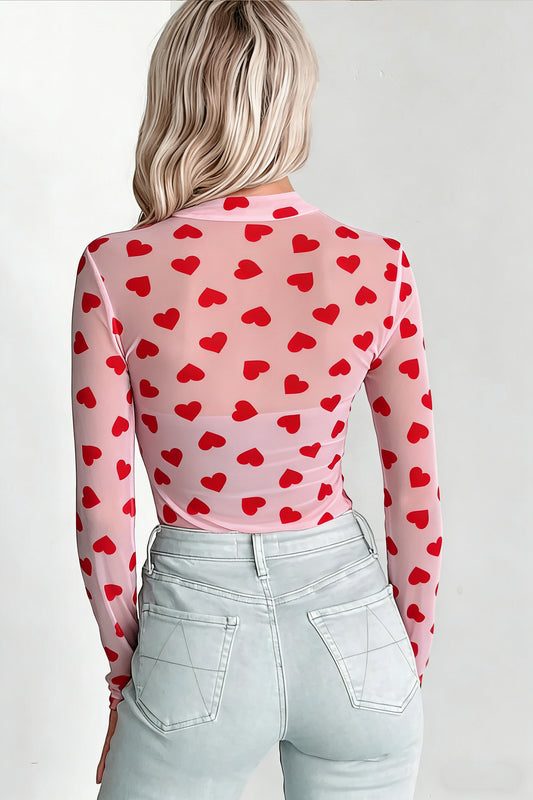 Pink Valentines Heart Printed Sheer Mesh Long Sleeve Top - Snoopy's Closet