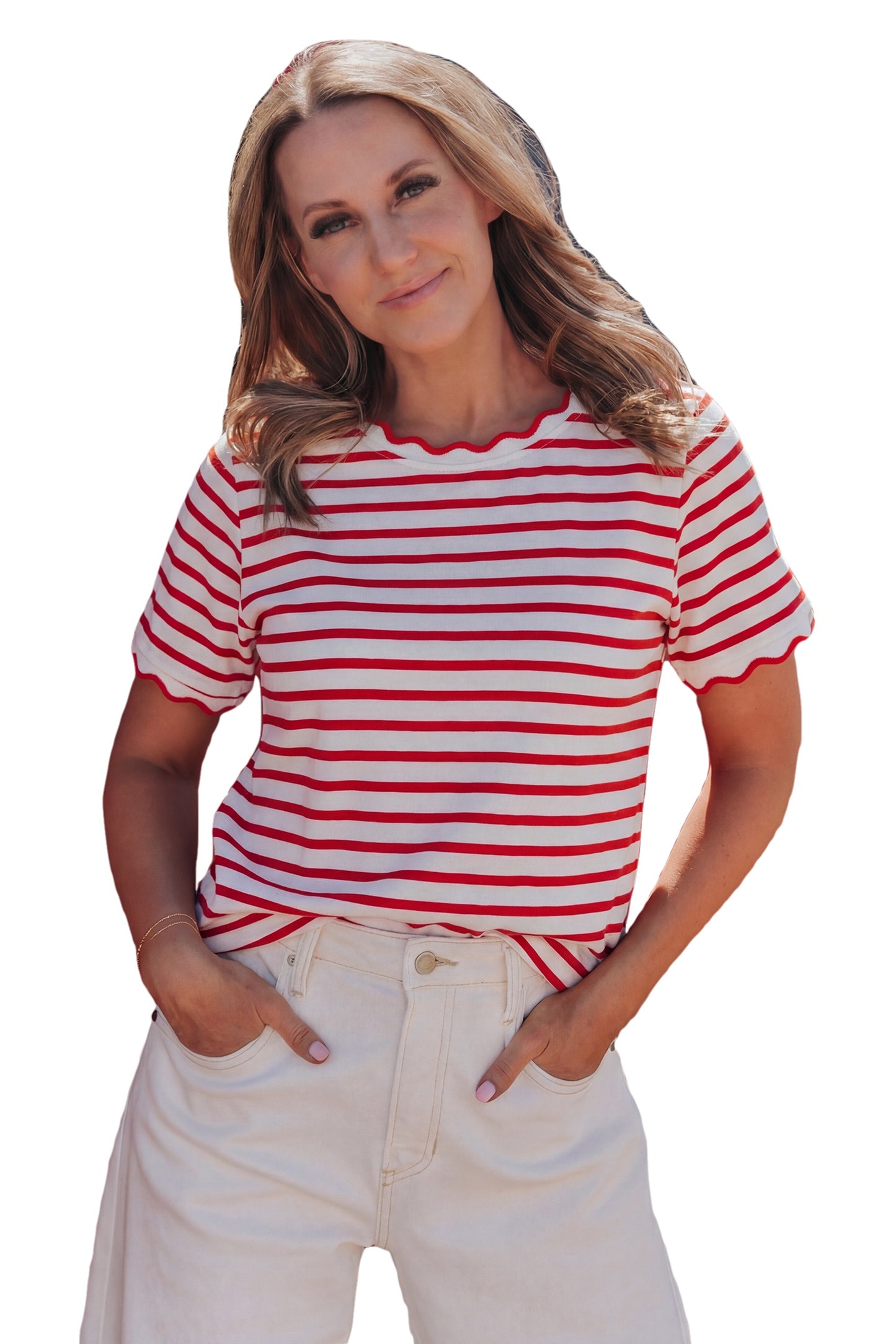 Camiseta de cuello redondo con ribete festoneado de rayas verdes