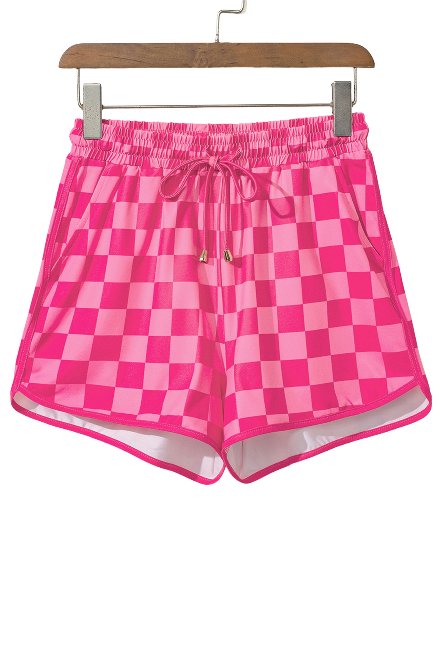 Pantalones cortos casuales a cuadros rosados con cintura elástica y cordón