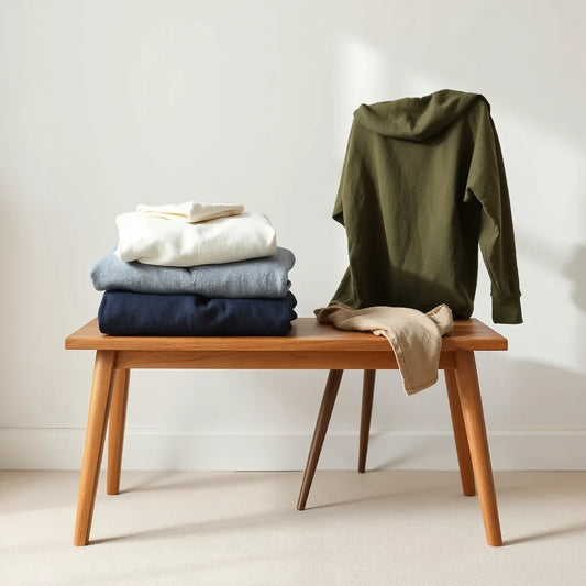 Neatly arranged solid color men’s tops in neutral tones with soft natural light