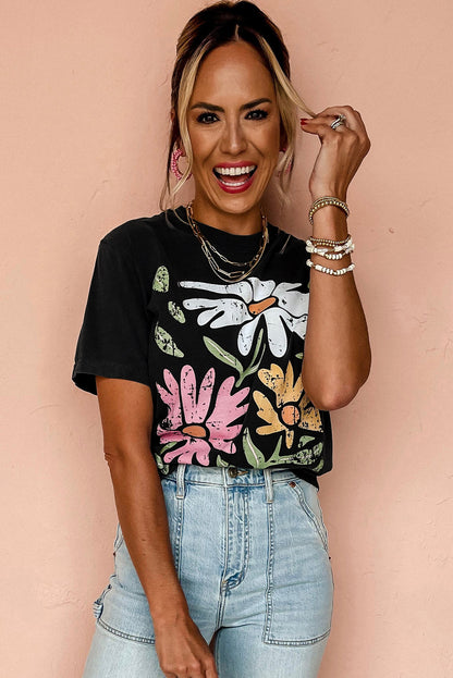 Camiseta casual de cuello redondo con estampado floral retro negro
