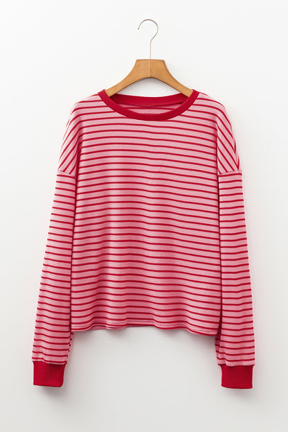 Pink Stripe Textured Round Neck Drop Shoulder Long Sleeve T Shirt - Snoopy's Closet