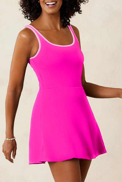 Rose Red Contrast Trim Neckline Active Shorts Attached One Piece Swim Dress - Snoopy's Closet