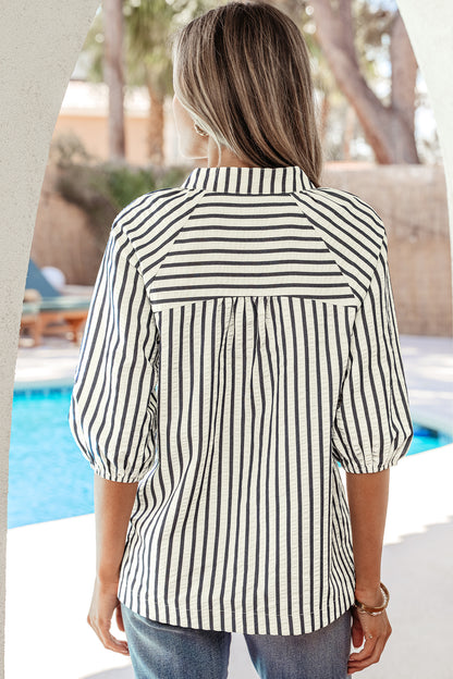 Blusa de manga corta con cuello en V, bordado floral de rayas azules