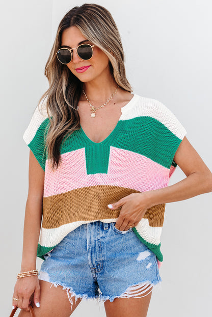 Camiseta de manga larga con cuello de pico y bloques de color multicolor