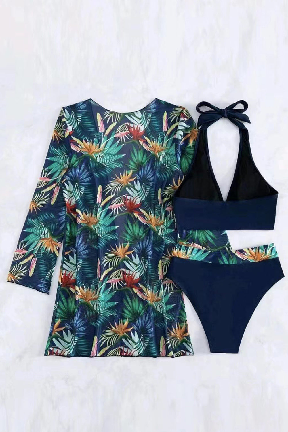 Rose Red 3pcs Tropical Contrast Trim Halter Bikini Set with Cover up - Snoopy's Closet