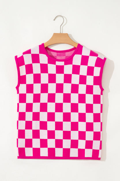 Rose Check Pattern Cap Sleeve Knitted Sweater - Snoopy's Closet