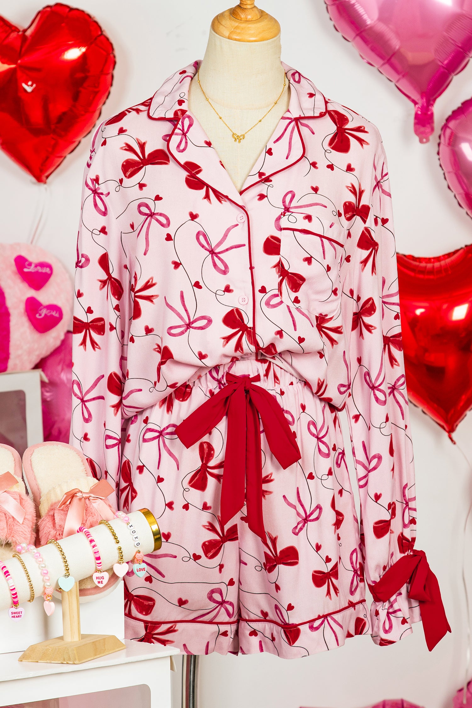 Red Bow Print Valentine Long Sleeve Shirt Shorts 2 Pcs Pajama Set - Snoopy's Closet
