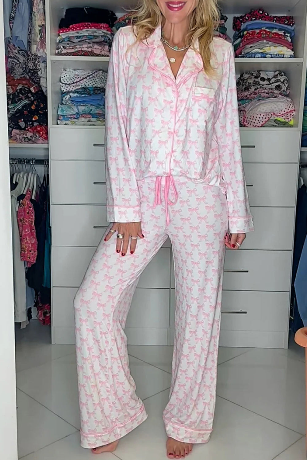 Pink Bow Print Long Sleeve Shirt and Pants Soft Pajama Set - Snoopy's Closet