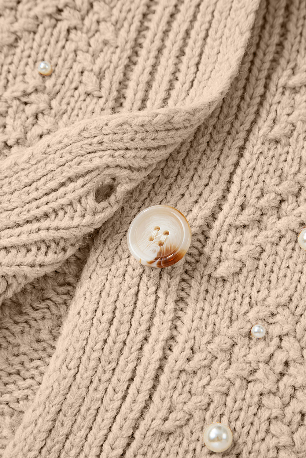 Cárdigan de punto con escote en V, botones frontales, perlas y color gris humo
