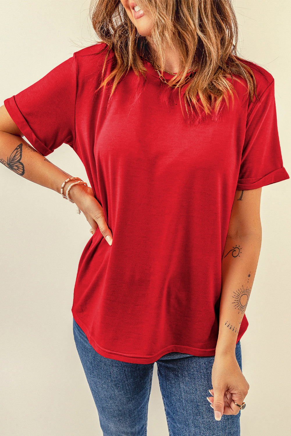 Dearlove Red Casual Plain Crew Neck Tee - Snoopy's Closet