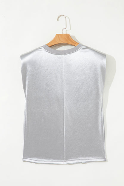 Silvery Metallic Luster Crew Neck Shift Tank Top - Snoopy's Closet