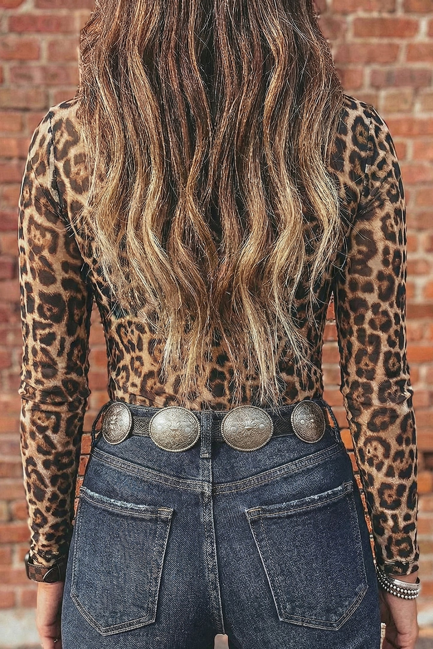 Camel Leopard Print Slim Fit Mesh Long Sleeve Mock Neck Top - Snoopy's Closet