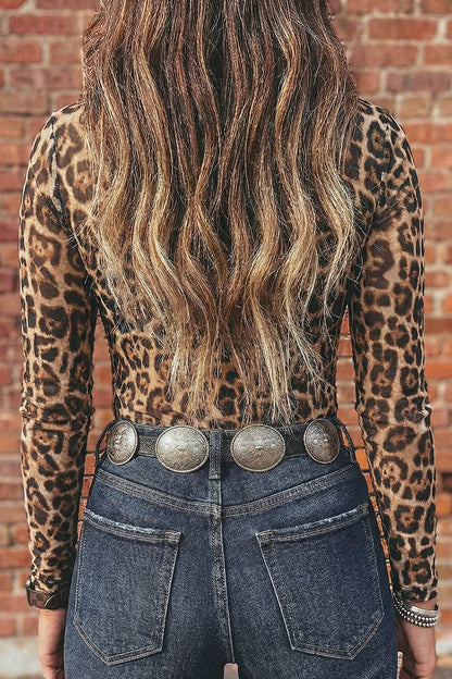 Camel Leopard Print Slim Fit Mesh Long Sleeve Mock Neck Top - Snoopy's Closet