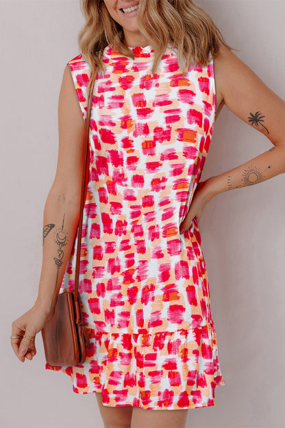 Vestido Mini Sin Mangas con Volantes en el Cuello y Estampado Abstracto Rosa