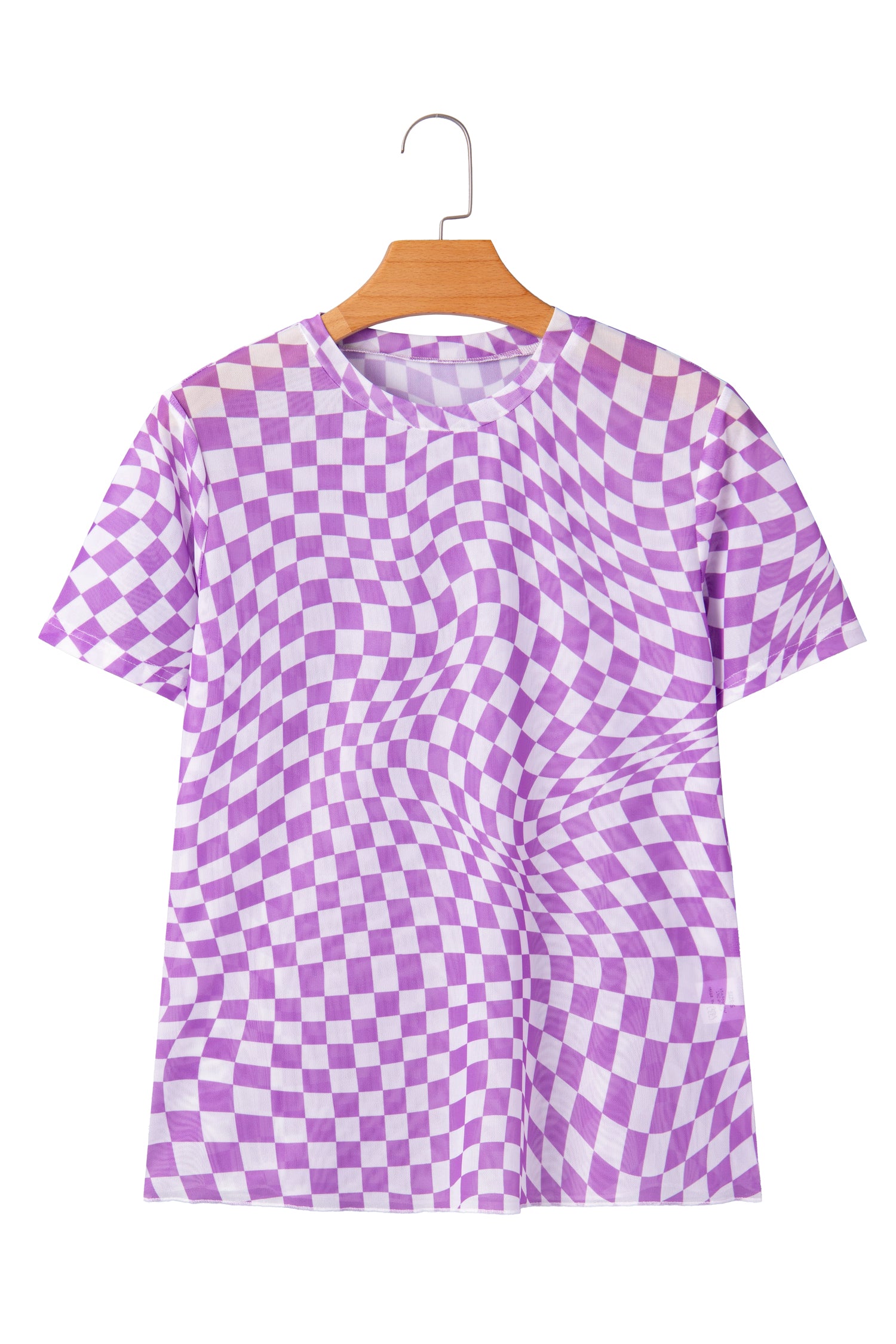 Purple Checkered Print Crew Neck Mesh T Shirt - Snoopy's Closet