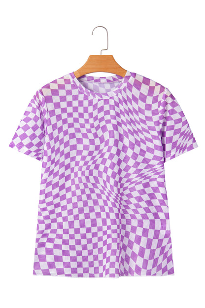 Purple Checkered Print Crew Neck Mesh T Shirt - Snoopy's Closet