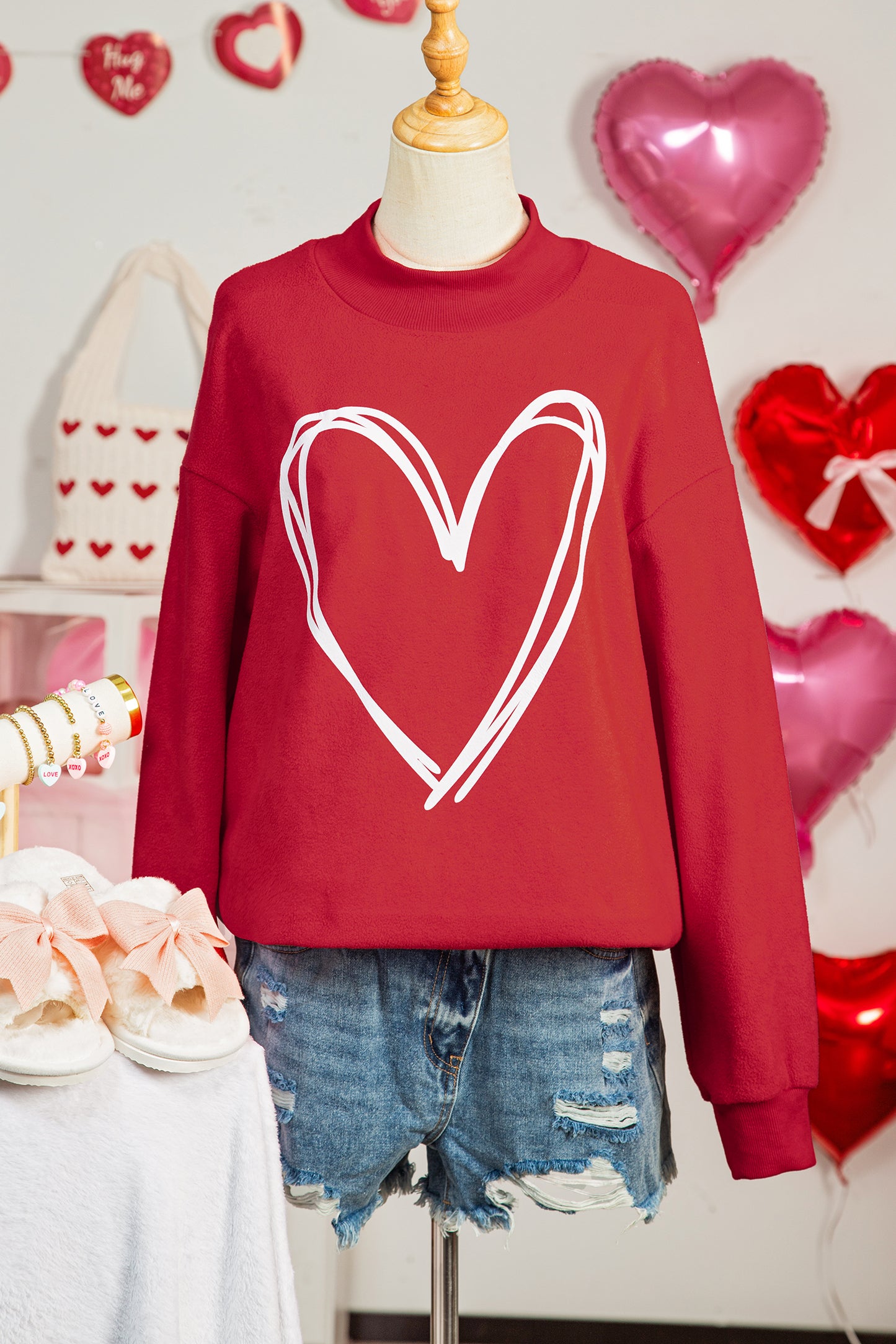 Racing Red Valentines Day Heart Love Script Reversible Printed Double Wear Mock Neck Sweatshirt - Snoopy's Closet