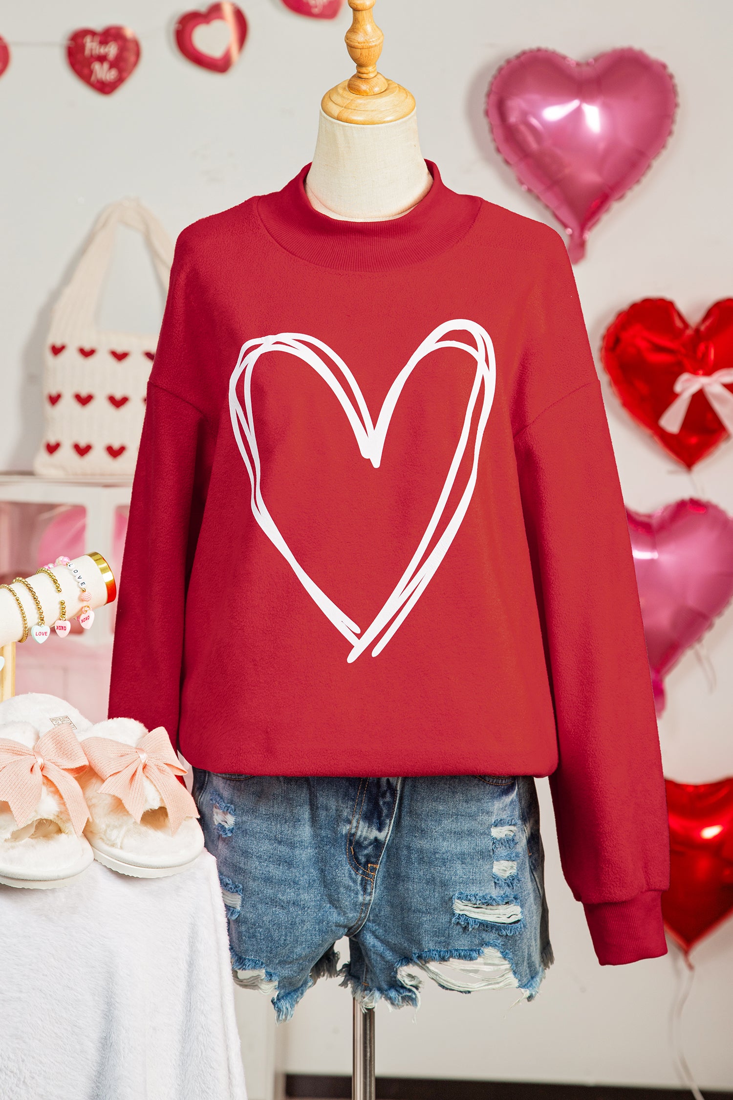 Racing Red Valentines Day Heart Love Script Reversible Printed Double Wear Mock Neck Sweatshirt - Snoopy's Closet