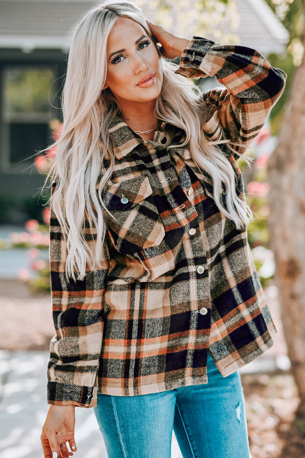 Chaqueta camisa con estampado geométrico a cuadros naranja y bolsillos