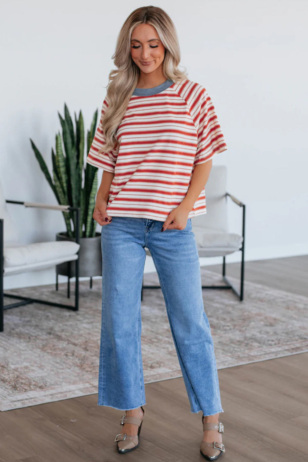 Tomato Red Stripe Print Contrast Collar Raglan Sleeve T Shirt - Snoopy's Closet