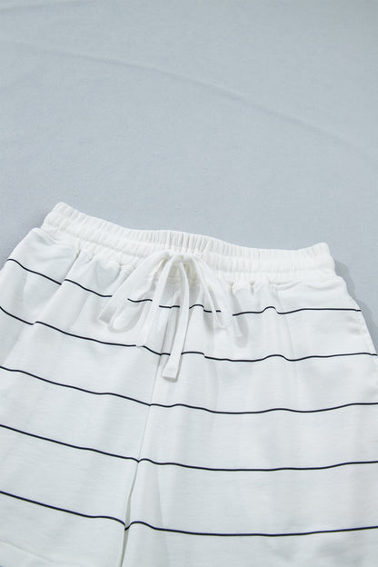White Stripe Half Sleeve Tee Drawstring Shorts 2pcs Set