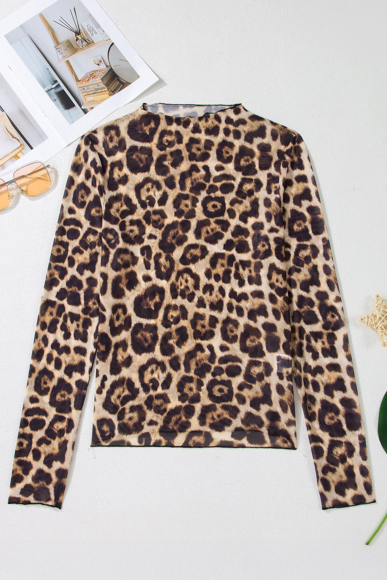 Camel Leopard Print Slim Fit Mesh Long Sleeve Mock Neck Top - Snoopy's Closet