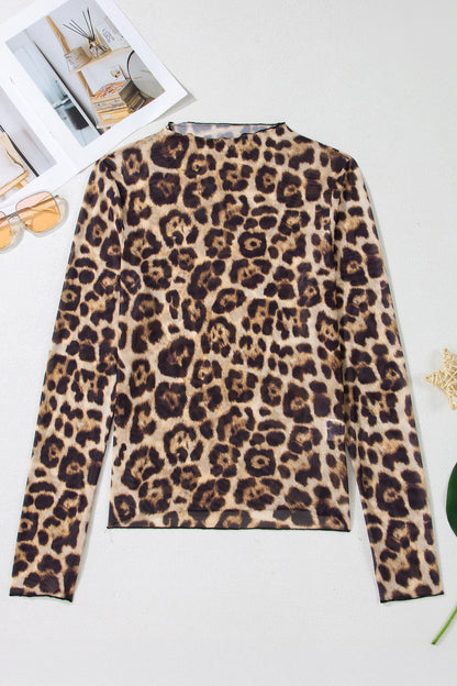 Camel Leopard Print Slim Fit Mesh Long Sleeve Mock Neck Top - Snoopy's Closet