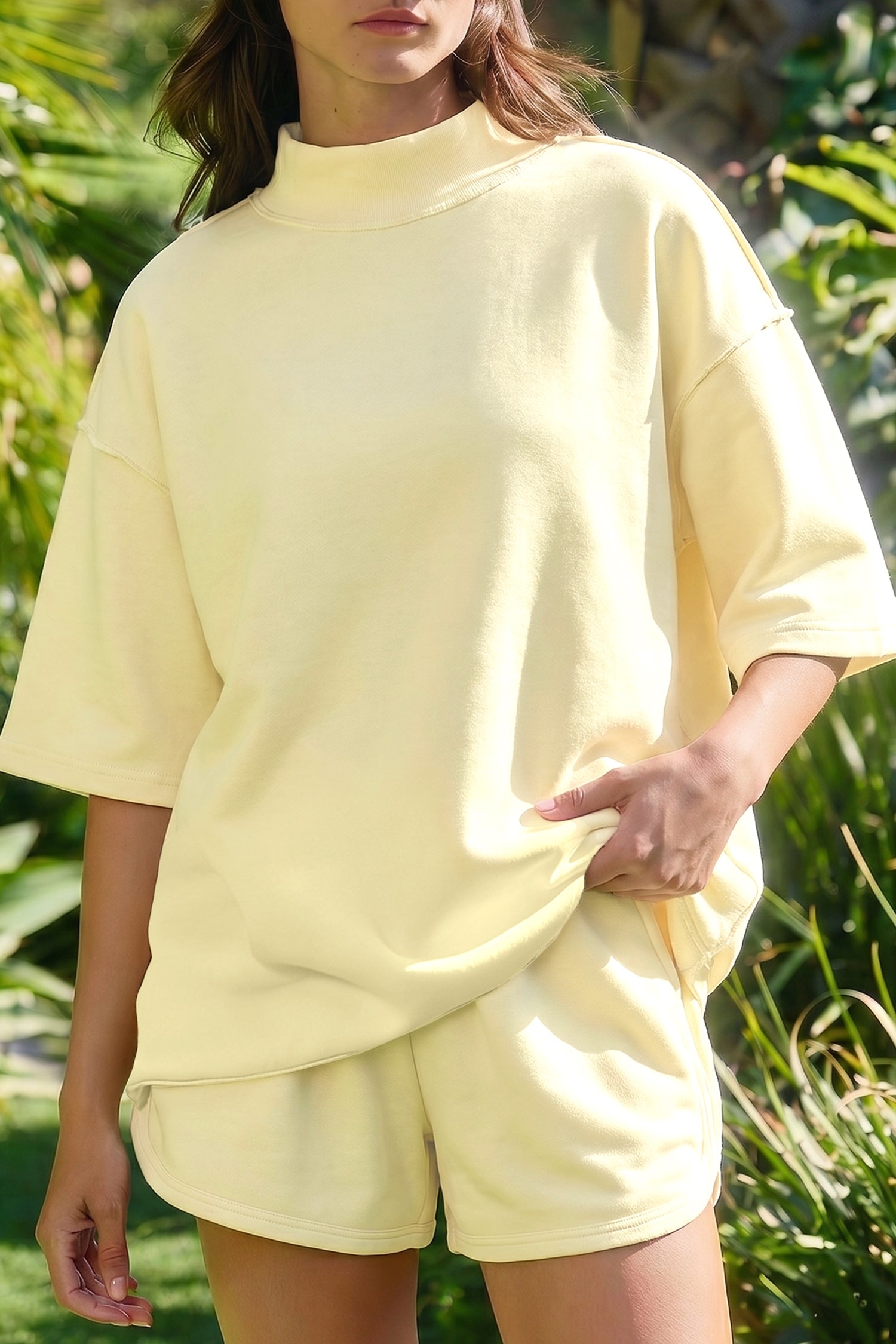 Moonlight Jade Solid Color Exposed Seam Mock Neck Oversize Tee Casual Shorts 2pcs Outfit - Snoopy's Closet