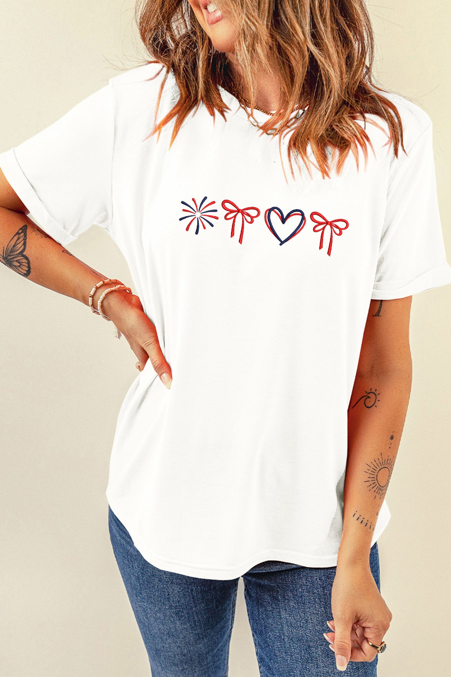 White Love July 4th Firework Bow Embroidered T Shirt