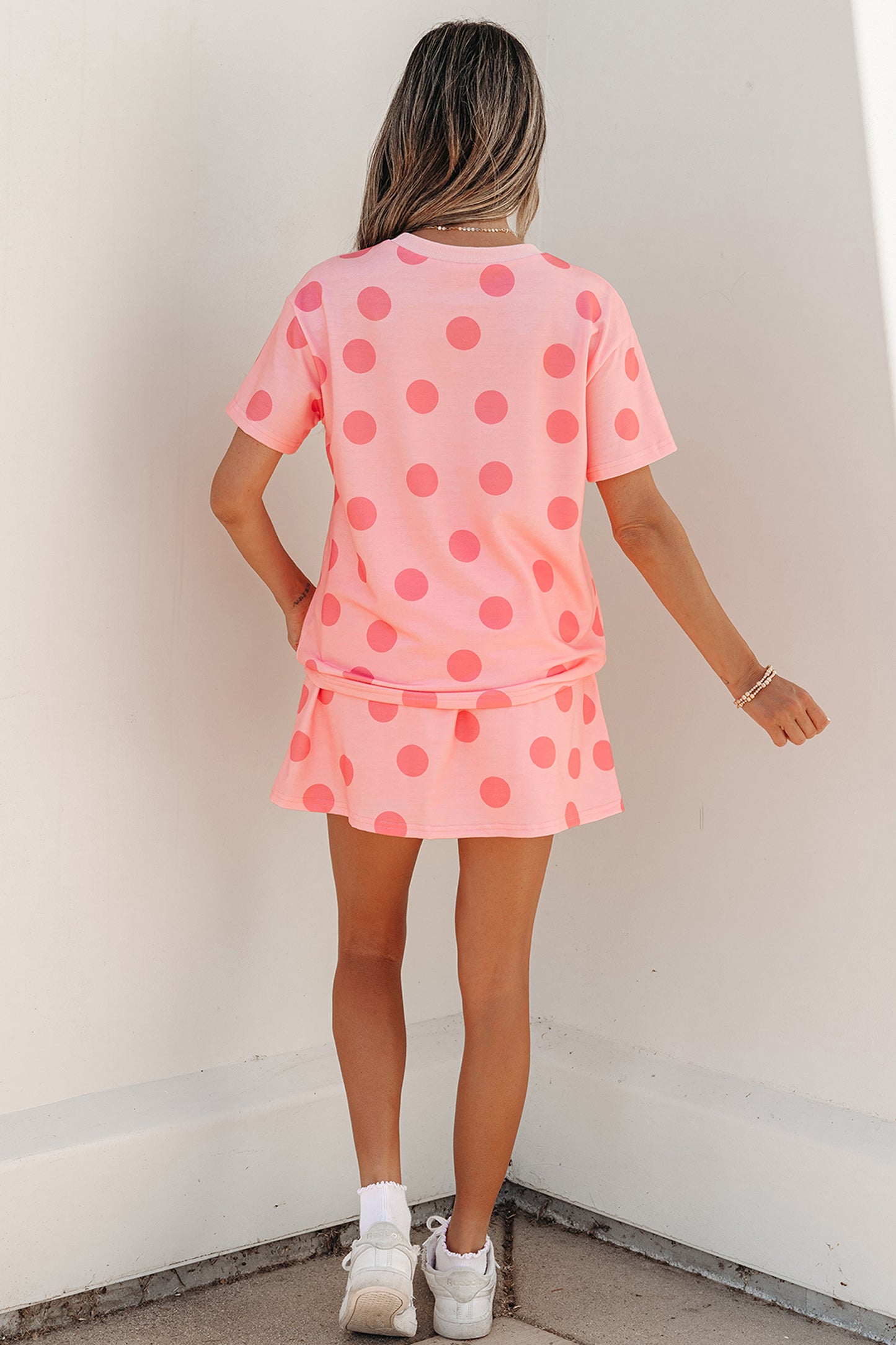 Pink Polka Dot Short Sleeve Top Casual Skort 2pcs Outfit - Snoopy's Closet