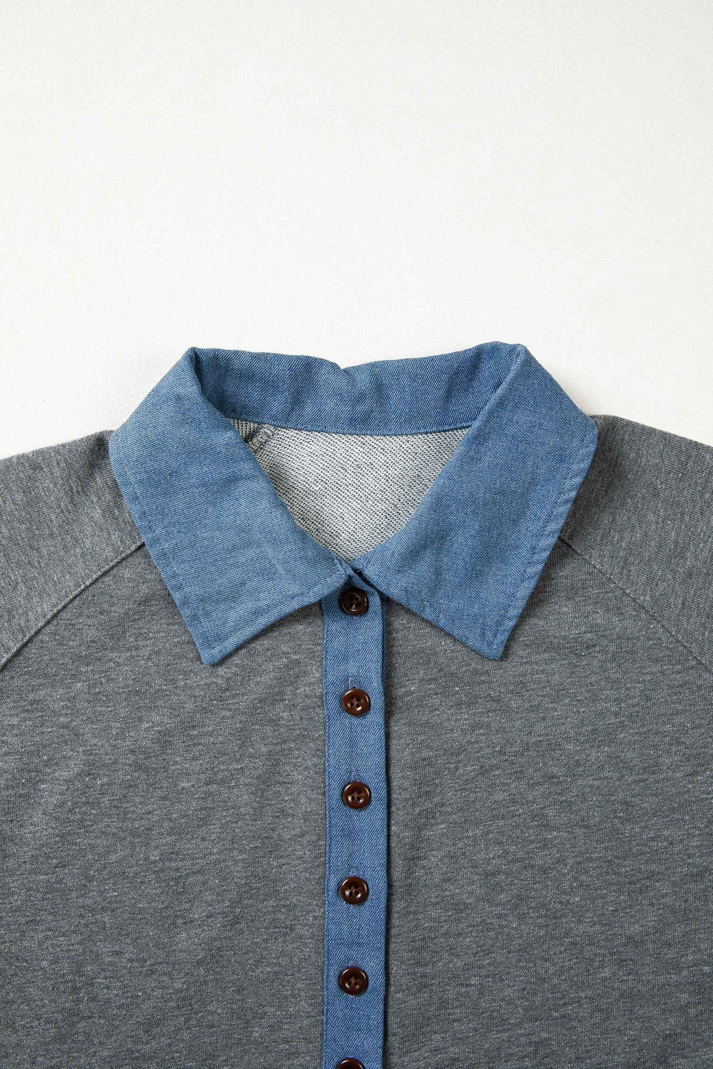 Carbon Grey Denim Color Block Patchwork Shirt Collar Short Sleeve Blouse