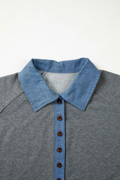 Carbon Grey Denim Color Block Patchwork Shirt Collar Short Sleeve Blouse