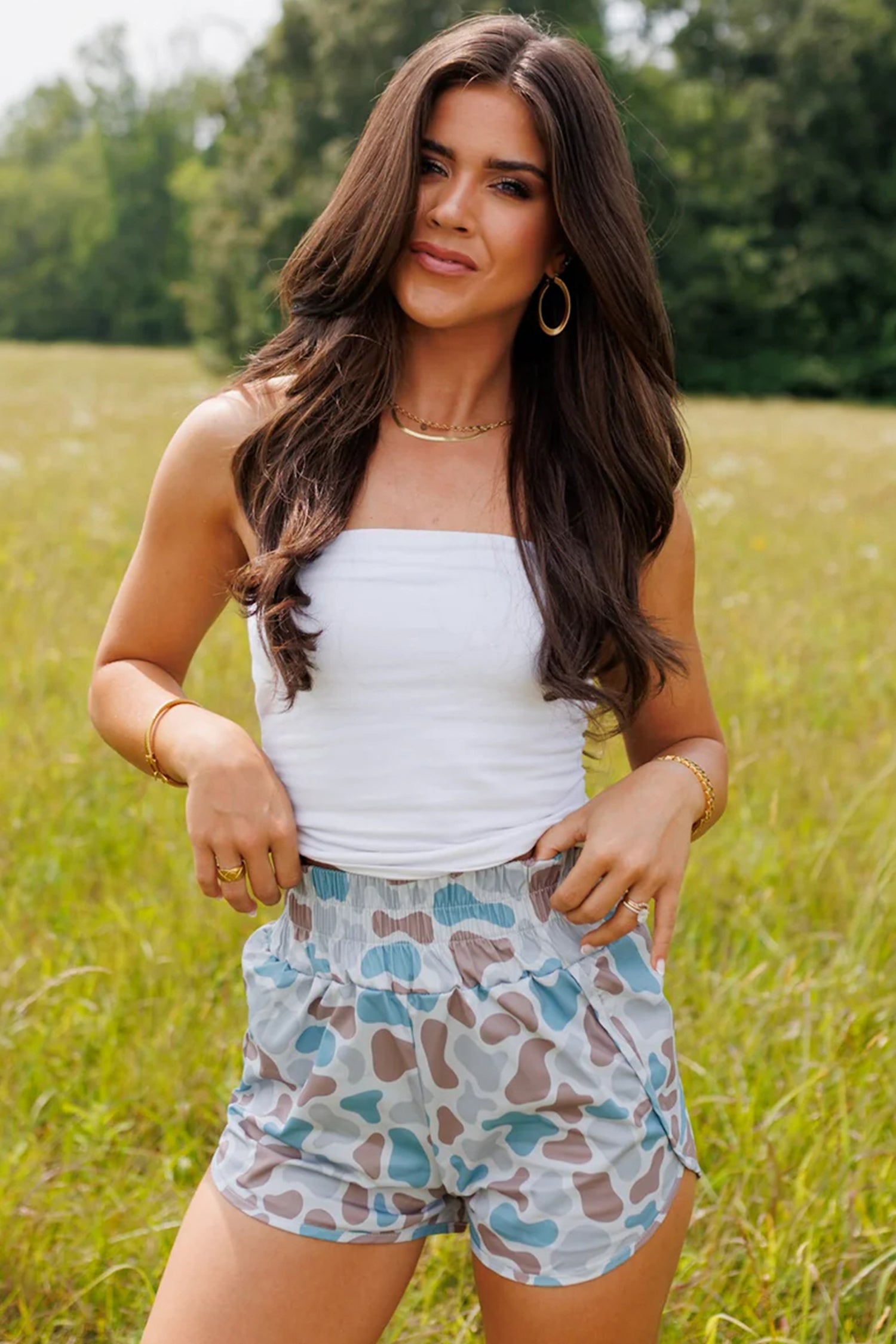 Multicolour Camouflage Print Shirred High Waist Athleisure Shorts - Snoopy's Closet