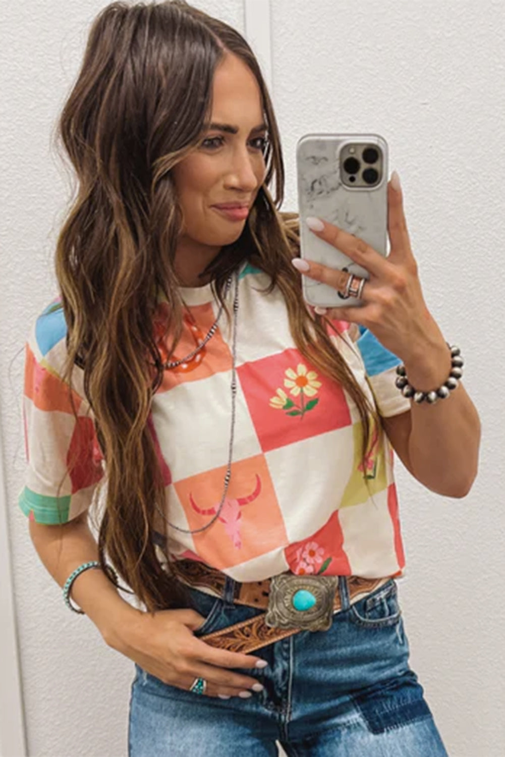 Orange Western Fashion Checker Print Crewneck T Shirt - Snoopy's Closet