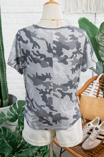 Gray Camouflage Print Round Neck T Shirt - Snoopy's Closet
