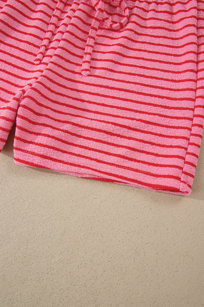 Rose Stripe Side Split Knit Tee Drawstring Shorts Set