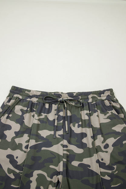 Green Tie Elastic Waist Pocketed Plus Size Camo Shorts - Snoopy's Closet