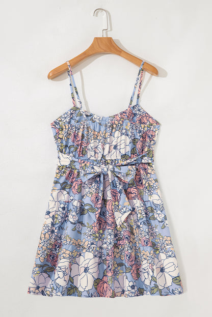Sky Blue Floral Tiered Patchwork Spaghetti Strap Vacation Dress - Snoopy's Closet