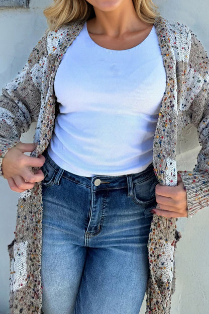 Brown Confetti Dot Checkered Print Open Cardigan with Pockets - Snoopy's Closet