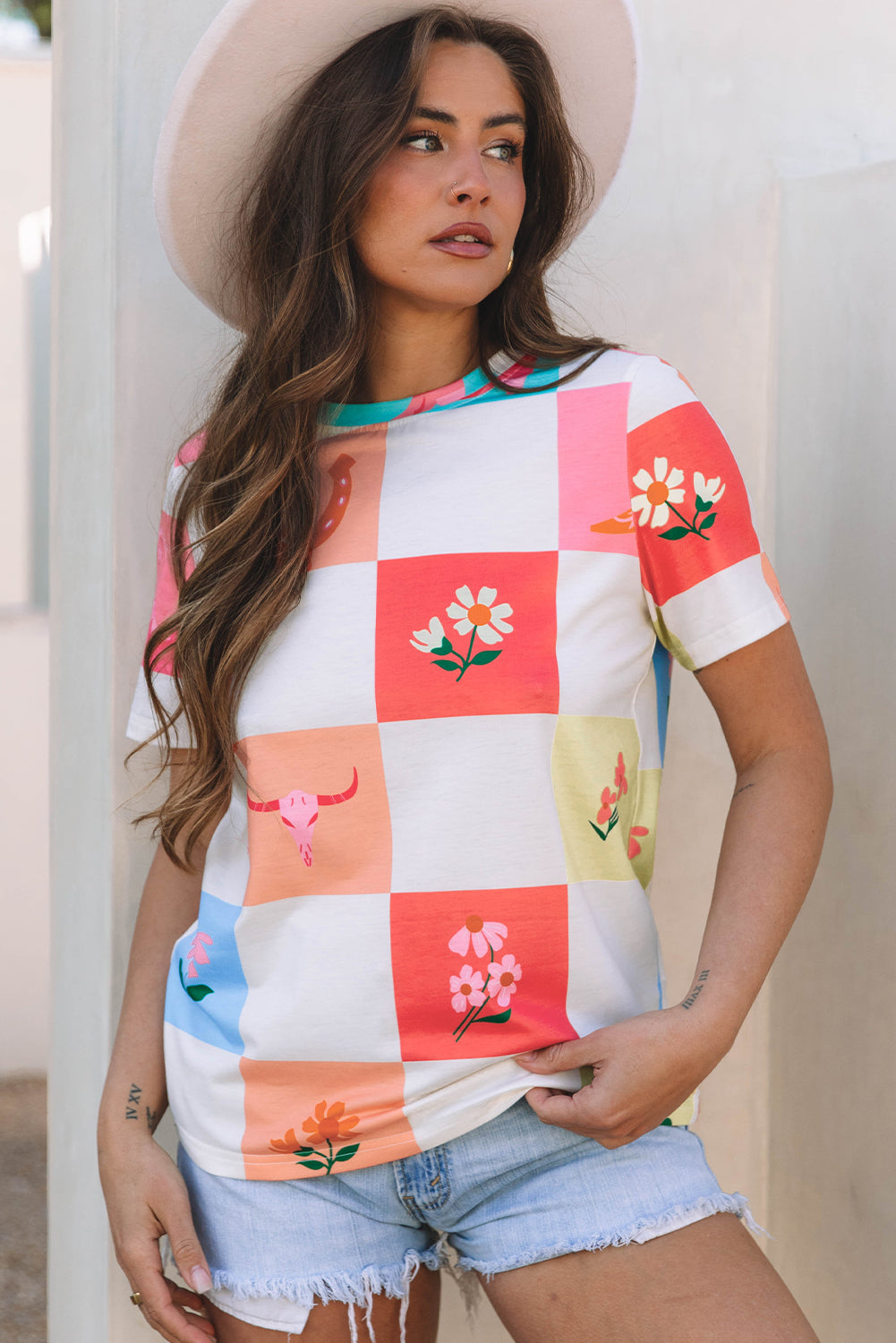 Orange Western Fashion Checker Print Crewneck T Shirt - Snoopy's Closet