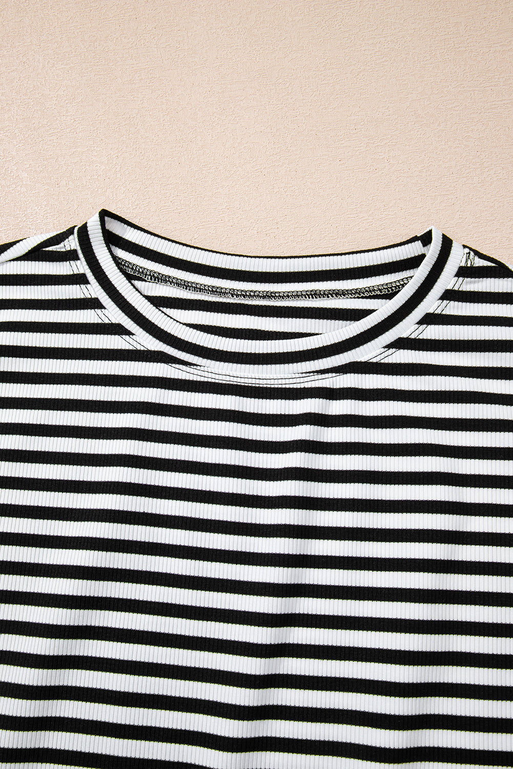 Black Stripe Ribbed Cap Sleeve Round Neck T Shirt - Snoopy's Closet