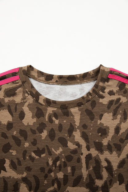 Brown Loose Contrast Striped Accent Leopard T Shirt Mini Dress with Pockets